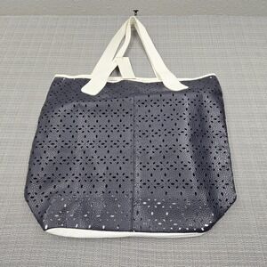 Saks Fifth Avenue Tote Bag Womens Large Navy Faux Leather Perforated Cutout